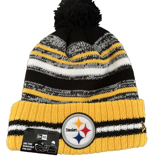 Pittsburgh Steelers Knit Winter Hat Beanie New Era Cap Removable Pom Striped NWT - Picture 1 of 5